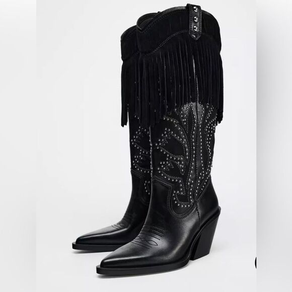 ZARA FRINGED STUDDED COWBOY BOOTS
BLACK - Picture 5 of 6
